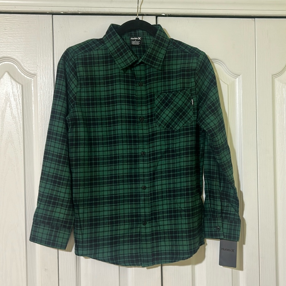 Hurley pine green flannel plaid shirt boys